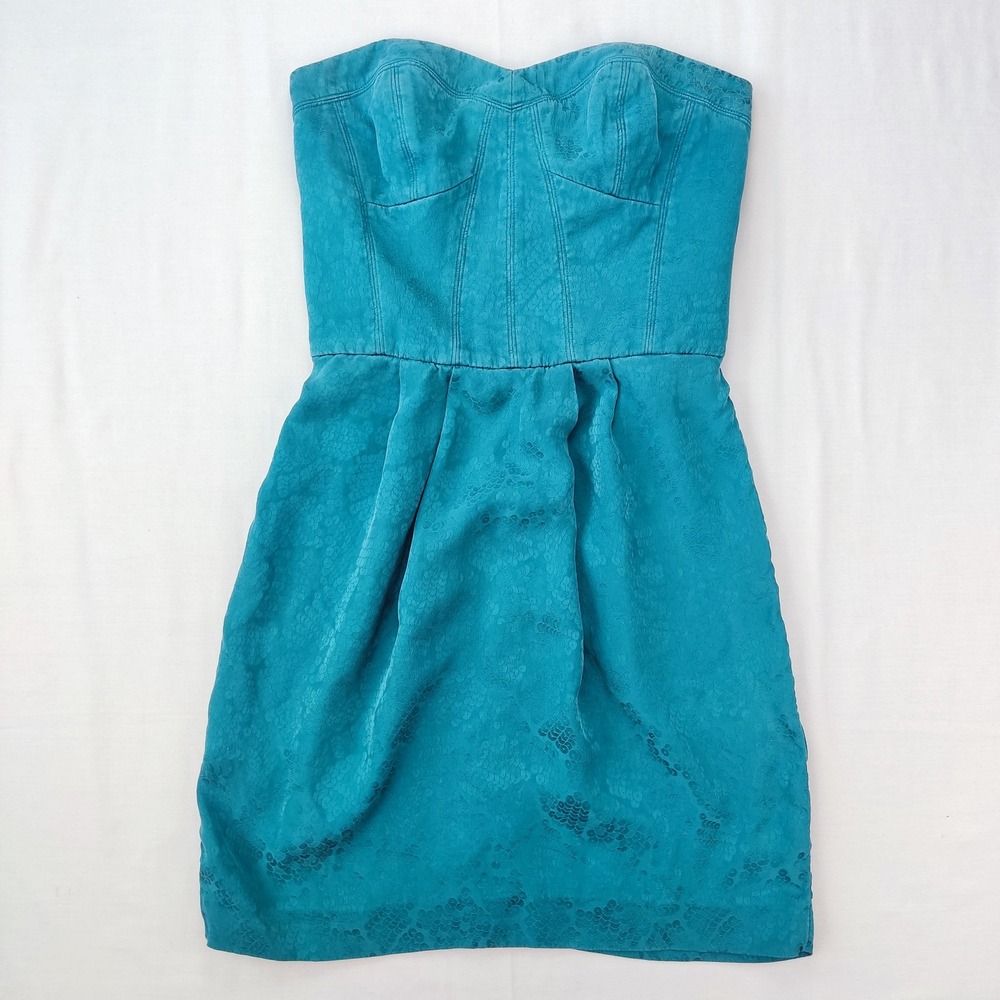 Rebecca Taylor Dress Womens 4 Teal Blue Strapless Jacquard Snakeskin Mini Corset